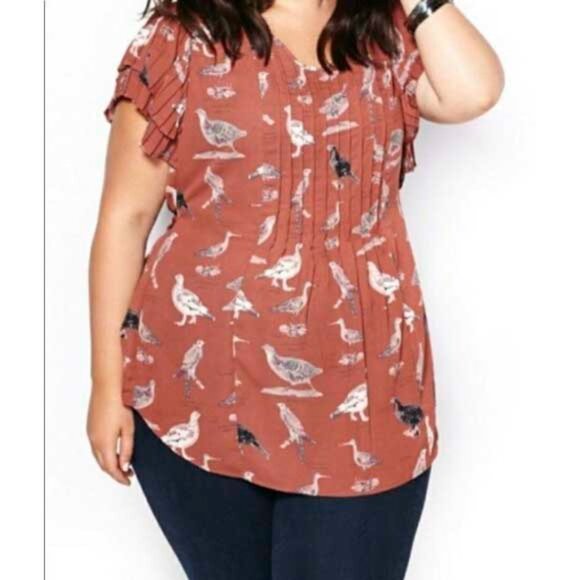 Melissa McCarthy Seven 7 Womens Bird print Pleated Ruffle Sleeve Top Blouse 2X - Picture 3 of 11